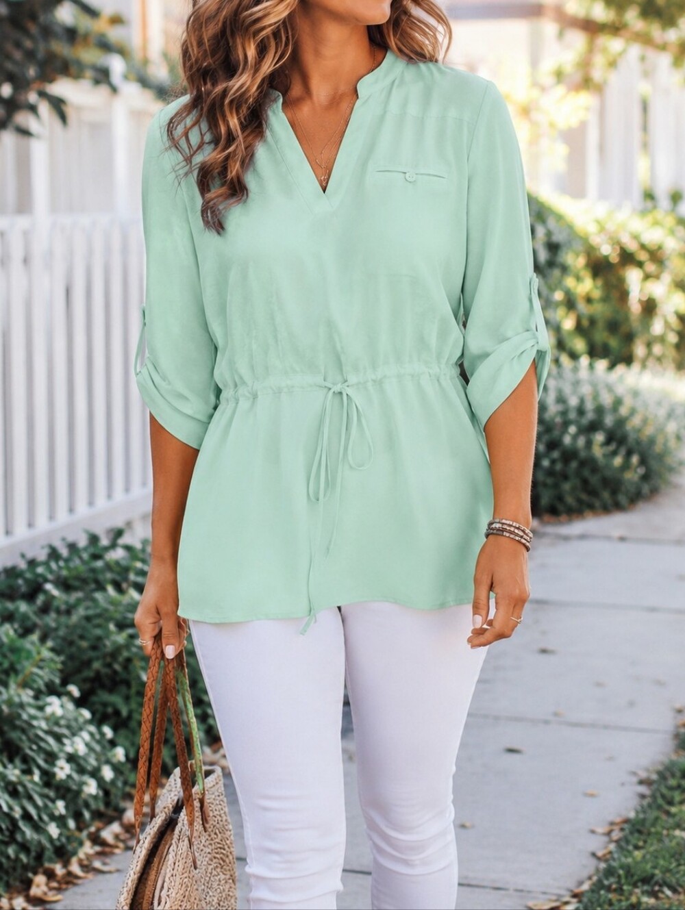 NWT Naked Zebra Light Mint Drawstring Tunic Roll Tab Sleeve Top Casual